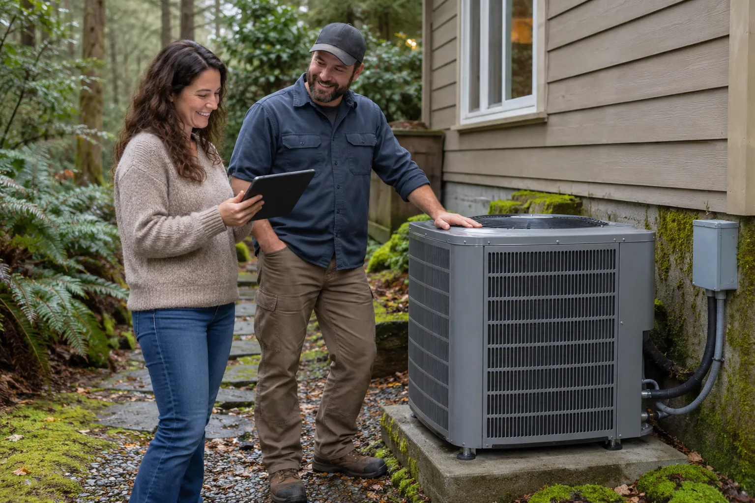 A friendly provider and a homeowner reviewing a new outdoor air conditioner beside a wood-frame home in Portland