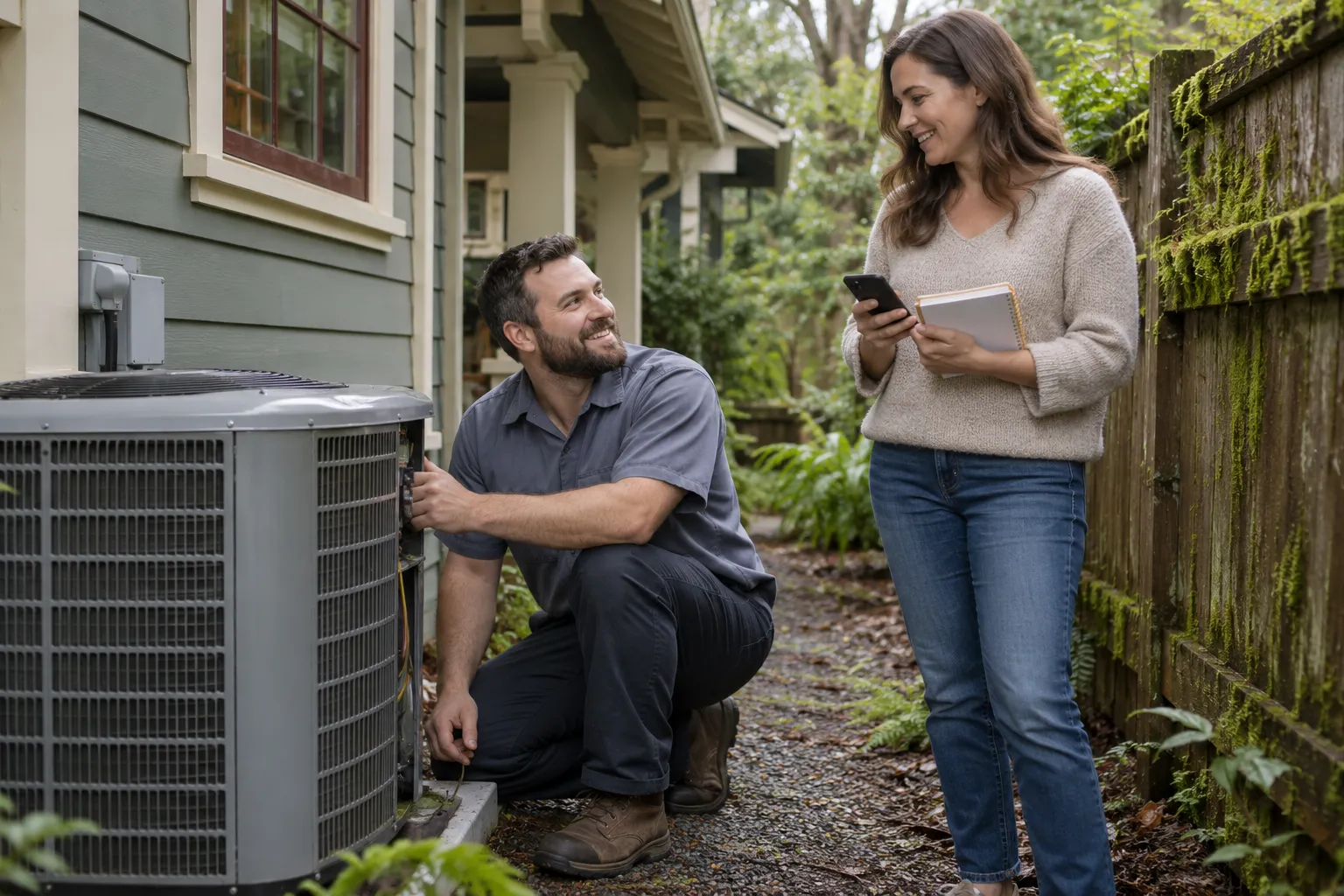 Friendly HVAC provider checking an outdoor AC unit beside a wood-frame home in Portland while a homeowner looks on