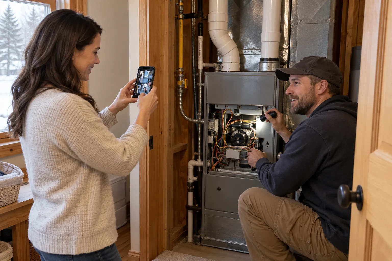 Homeowner and a friendly HVAC provider looking at a furnace in a Portland home