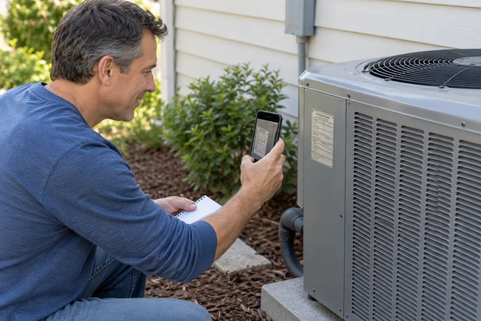A homeowner taking photos of an AC unit to prepare for an estimate